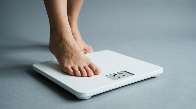 Feet stepping on scale, creative metaphor, problem solving, challenge and abstract concept.