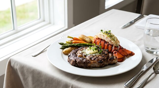 Grilled steak with fresh asparagus and roasted vegetables served on a white plate in a restaurant setting. lobster tail and steak