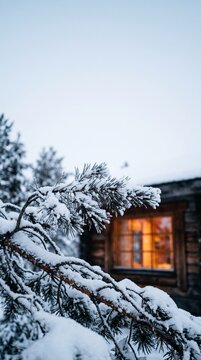 Snowcovered pine branch in front of cozy wooden cabin with warm glowing window