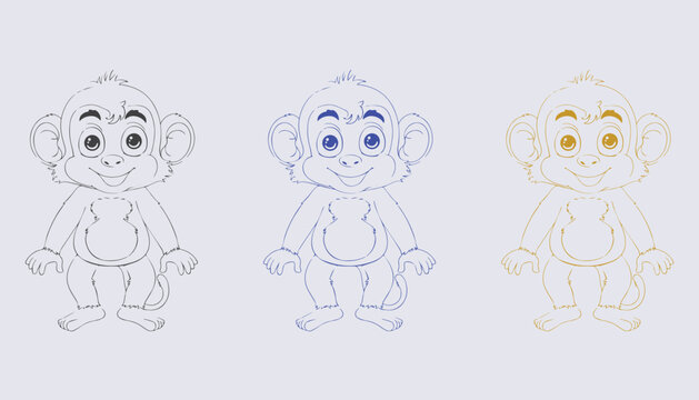 Cute smiling baby monkey character line art set with color variants