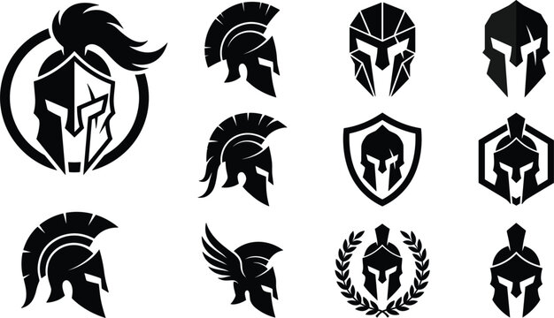 Spartan helmet logo vector set featuring ancient greek warrior trojan gladiator and roman soldier icons isolated design