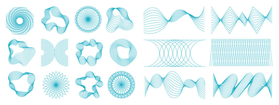 Guilloche security line elements vector set with circular rosettes, wave curves, geometric borders and abstract ornamental patterns in cyan blue