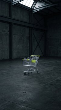 Empty shopping cart standing alone in a large dark warehouse with high ceiling