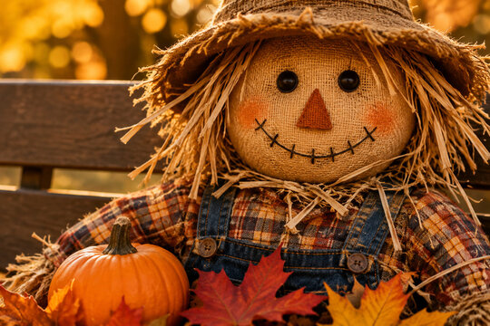 Scarecrow burlap face with straw shirt, pumpkin and autumn leaves on wooden bench, fall harvest character