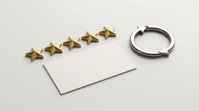 Feedback concept showing a blank white business card with five golden stars and a silver recycling loop icon.