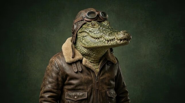 Crocodile wearing vintage aviator jacket and leather flight helmet