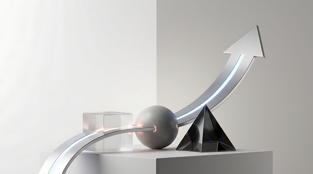 Feedback concept showing an upward-trending arrow passing through geometric shapes on a minimalist pedestal