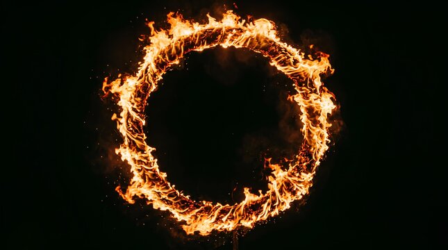 Circular fire ring flame isolated on black background.