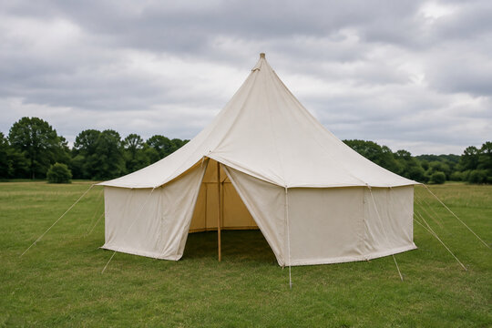 Canvas tent being set up in grassy field, camping and outdoor adventure concept