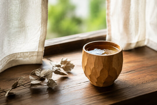Amber shochu in wooden cup on windowsill with linen curtains and dried eucalyptus, mindful relaxation concept