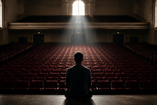 Person sitting alone in empty auditorium with vacant red seats, low attendance and event concept