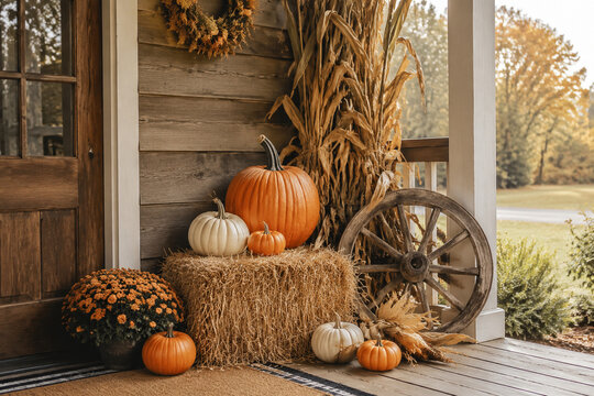 Entryway with pumpkins on hay bale, tall corn stalks against wooden wall, small wagon wheel, muted autumn colors