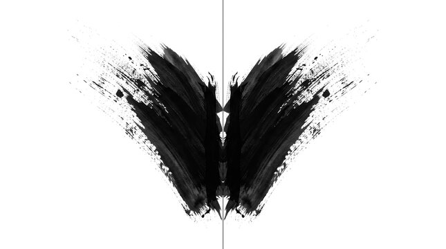 Symmetrical black ink wing shape on white background.