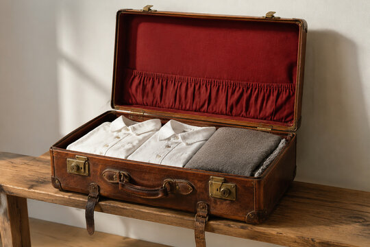 Open vintage leather suitcase with folded shirts and blanket, travel and nostalgia concept