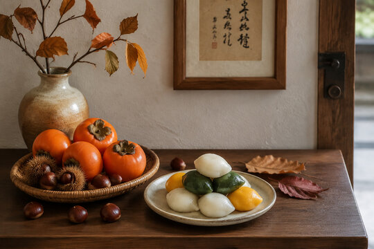 Entryway basket with persimmons and chestnuts, rice cake pieces on ceramic plate, dried autumn leaves, textured wall