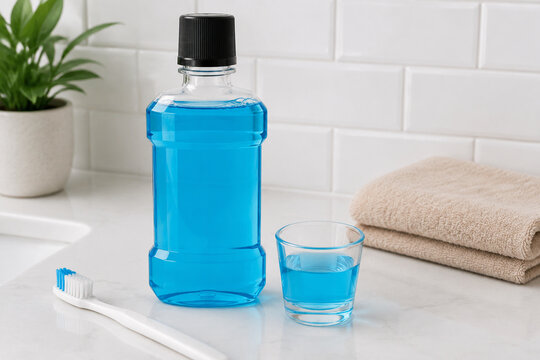 Blue mouthwash in clear glass bottle with small glass cup and toothbrush on white bathroom counter, folded beige towel, oral hygiene concept.