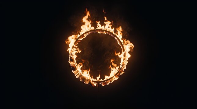 Circular fire ring flame burning against dark black background.