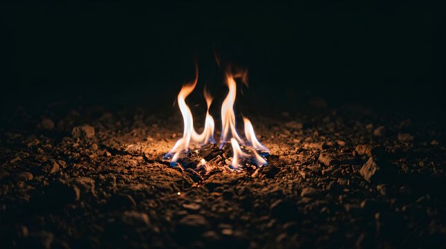 Small fire burning on dark rocky ground.