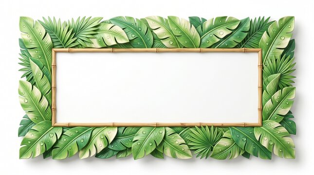 Tropical bamboo frame with green jungle leaves, exotic foliage border on white background for summer party invitations, botanical palm leaf sign for tiki bar menus and vacation travel posters.