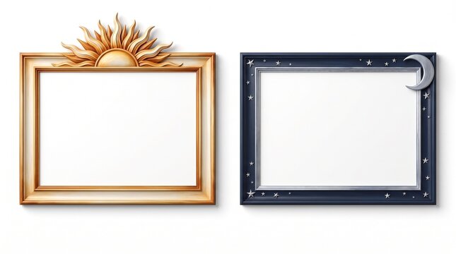 Celestial picture frames set with gold sun and dark moon designs. Ornate golden sunburst frame and starry night moon border. Decorative day and night photo frames for mystical art and