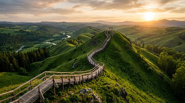 A winding 123 step wooden pathway along a vibrant green mountain ridge during sunset with scenic landscape views