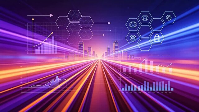 Futuristic city skyline silhouette overlaid with data charts and hexagon interfaces