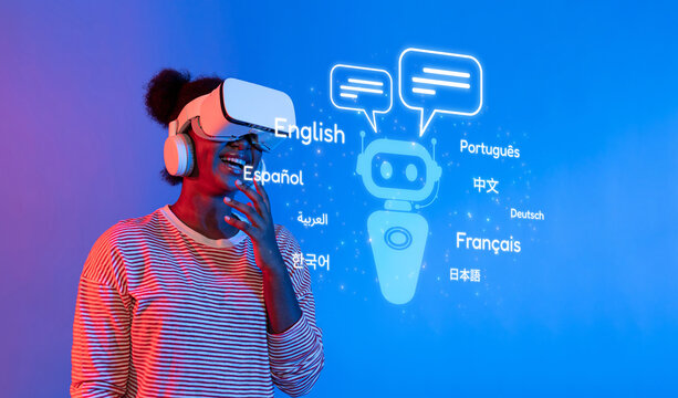 A user enjoys a virtual reality session, engaging with multilingual language options displayed through advanced AI technology. Explore the future of language learning. XDMCP