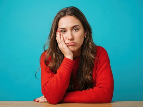 Bored young woman resting head on hand looking at camera