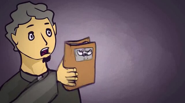 A priest or a sect minister says something emotionally, shaking a book