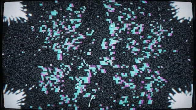 Distorted television screen with pixel noise displays a glitch effect in dark tones, creating an atmosphere of digital error and chaos.