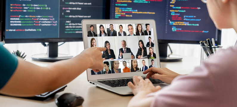 Business people on video conference for brisk virtual group meeting of corprate business office workers