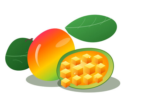 Fresh ripe mango fruit with green leaves and diced golden