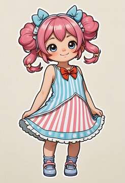Niedliche rosa haarige Cartoon Figur im blau rosa gestreiften Kleid mit roter Schleife