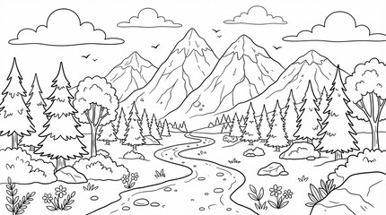 Fototapeta premium Mountain landscape coloring page with winding river and pine forest line art