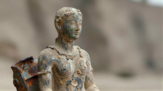 Ancient weathered statue amidst desert ruins, hinting at lost history and time's passage.