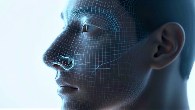 Futuristic human face with glowing digital grid overlay, highlighting advanced AI technology.