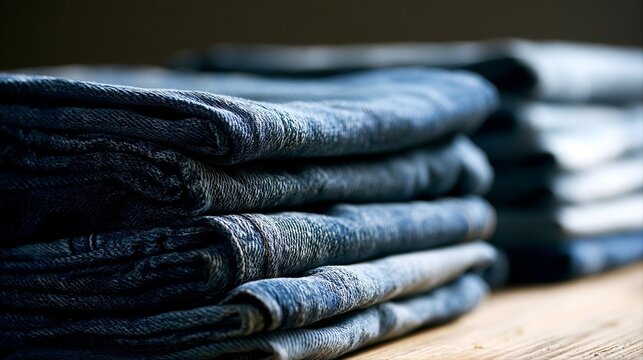 A neat stack of blue denim jeans rests on a wooden table in soft natural lighting. Perfect for retail fashion branding and clothing industry concepts.