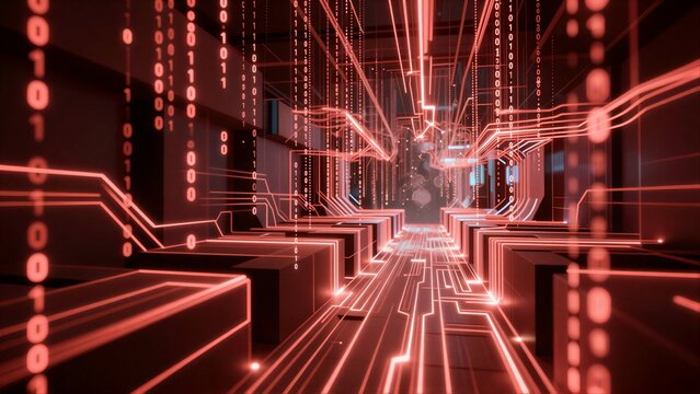 Red digital code streams flow through futuristic server corridor with glowing circuitry.