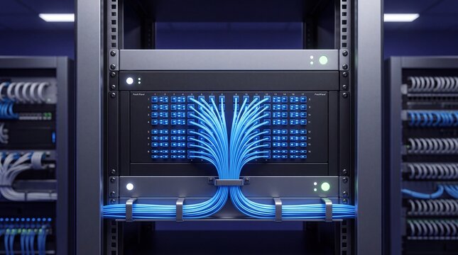High-density server rack with blue network cables connected to a glowing patch panel in a modern data center, symbolizing cloud computing, big data, and high-speed internet infrastructure.