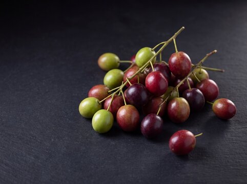 Fresh rukam Flacourtia berries cluster with mixed ripeness colors on dark background