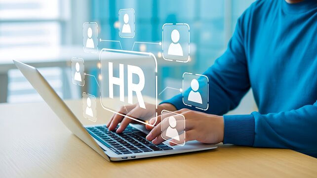 Human resources professional working on a laptop with digital employee icons