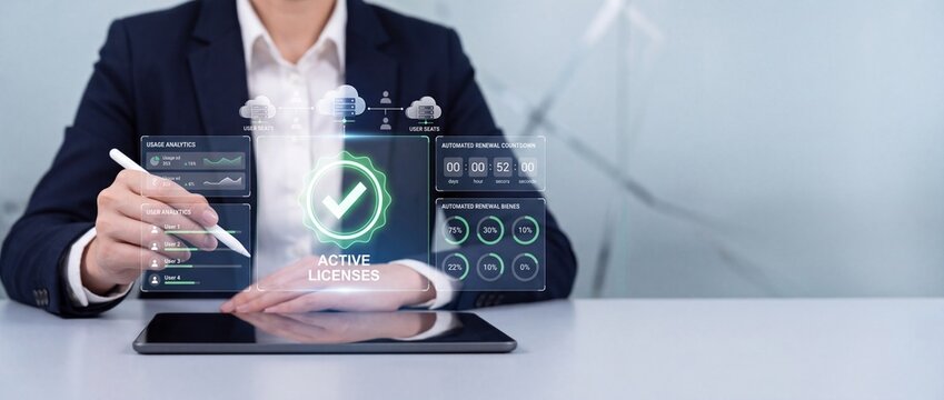 Professional businessman managing active software licenses on a digital tablet with futuristic interface showing usage analytics and automated renewal status for corporate data asset control.