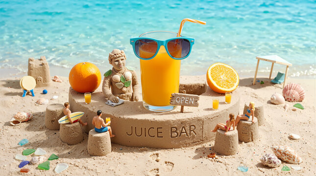 Miniature Beach Scene with Orange Juice Bar Sand Castle Figurines Sunglasses and Summer Vacation Holiday Concept