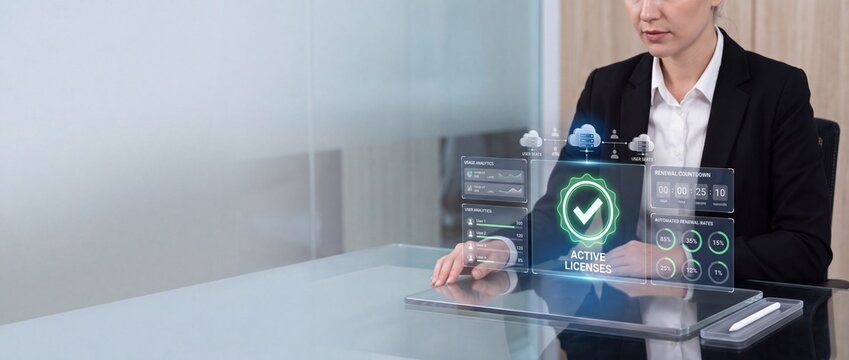 Professional Businesswoman Managing Software Licenses and Cloud Data Analytics via Futuristic Holographic Interface on a Transparent Tablet Device in a Modern Corporate Office Setting
