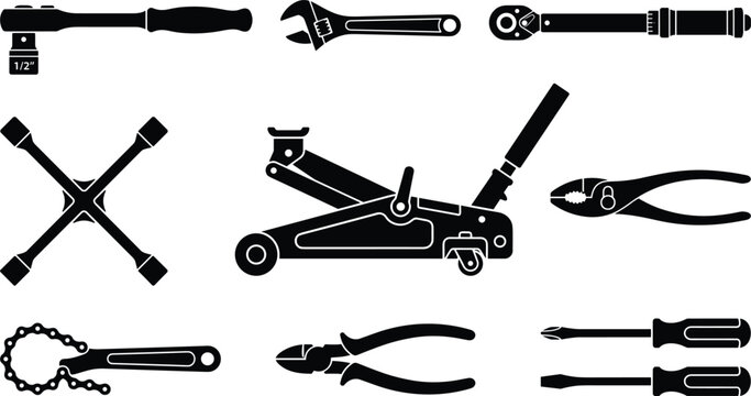 Automobile garage service and vehicle maintenance equipment vector silhouettes including hydraulic floor jack torque wrench cross lug wrench and pliers set