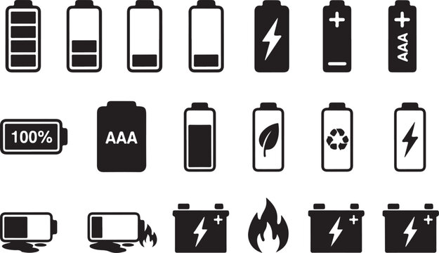 Collection of battery charge level and type icons on transparent background.