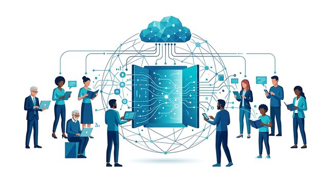 Diverse group of people connecting to a central cloud server and digital network.