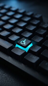 A close-up, low-light shot of a modern keyboard with a glowing accessibility symbol on a single illuminated key, highlighting technology and inclusion.