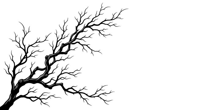 Black silhouette of a bare tree branch spreading across the frame in winter season illustration