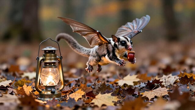 A flying squirrel glides past a glowing lantern amid autumn leaves.